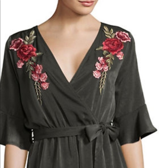 Silk Olive Green Romper with Flower Details - Picture 1 of 7